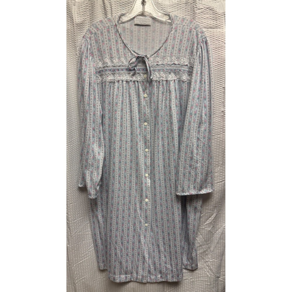 VTG Miss Elaine Nightgown Women's 3X Floral Lace Trim Union Made in USA Blue